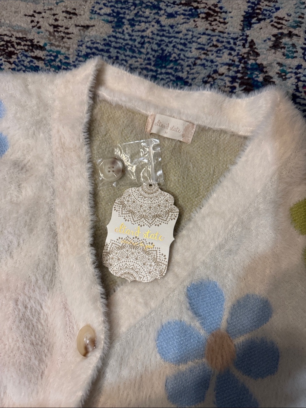 Altar'd State Cream Fuzzy Floral Button Cardigan - Picture 2 of 7